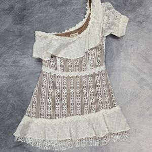 For Love & Lemons Lovebird Lace One-Shoulder Mini Dress.